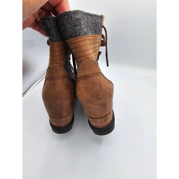 Sorel Lexie Boots Women's Brown Gray Leather Hidden Wedge Lace Up Lug Booties7.5 - Picture 5 of 10